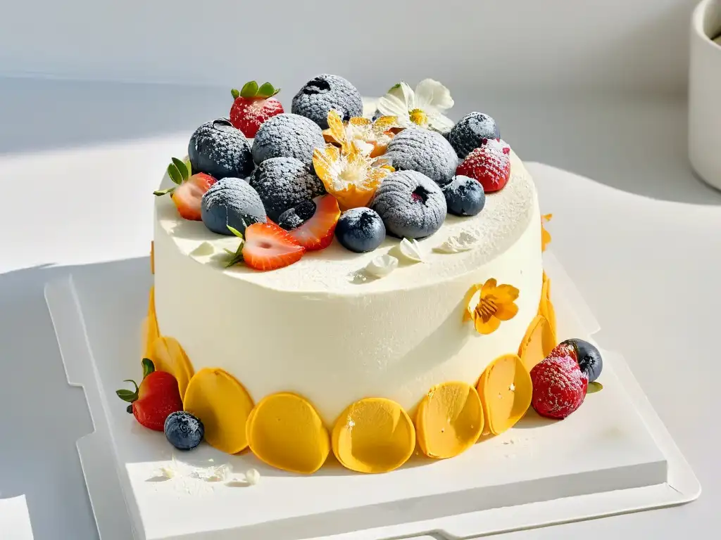Pastel sin gluten: arte y creatividad en repostería 2023 Delicada repostería sin gluten con bayas y flores, destacando la creatividad en tendencias globales repostería celiacos 2023