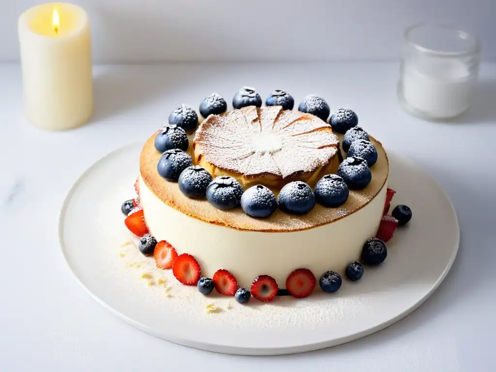 Delicada repostería de harina de almendra baja en carbohidratos con frutos rojos frescos y erythritol en un plato blanco moderno