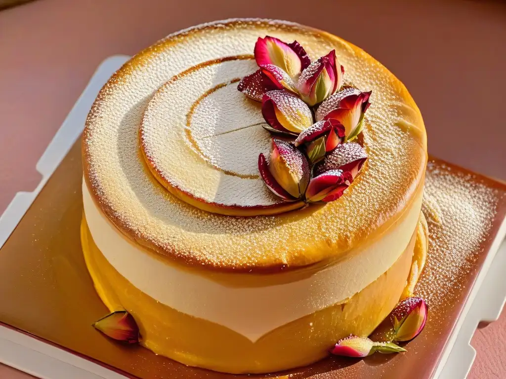 Delicia marroquí: pastel de almendra y miel con decoración exquisita Delicada repostería marroquí: historia y sabores, con almendra, miel, plata comestible y pétalos de rosa sobre azulejos ornamentados
