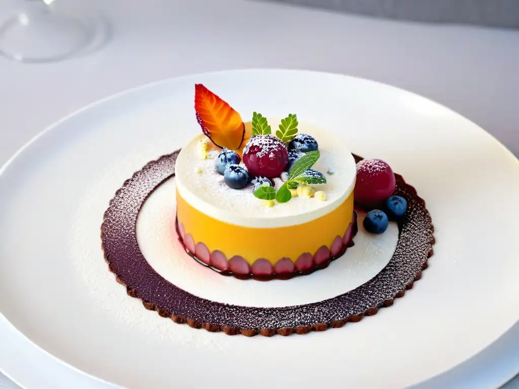 Delicada repostería molecular y veganismo: postre vegano con capas y texturas, colores vibrantes y presentación elegante en un plato blanco