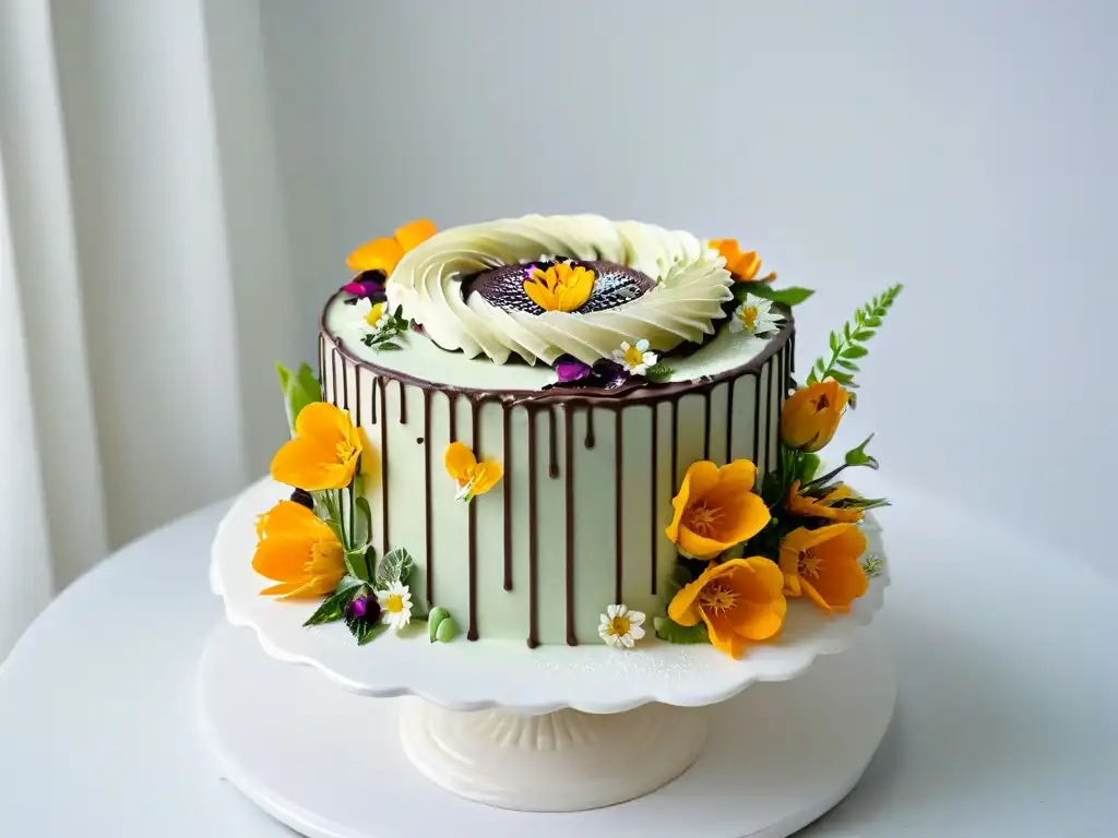 Delicada repostería orgánica vegana con flores comestibles y exquisitos detalles, en un elegante soporte blanco