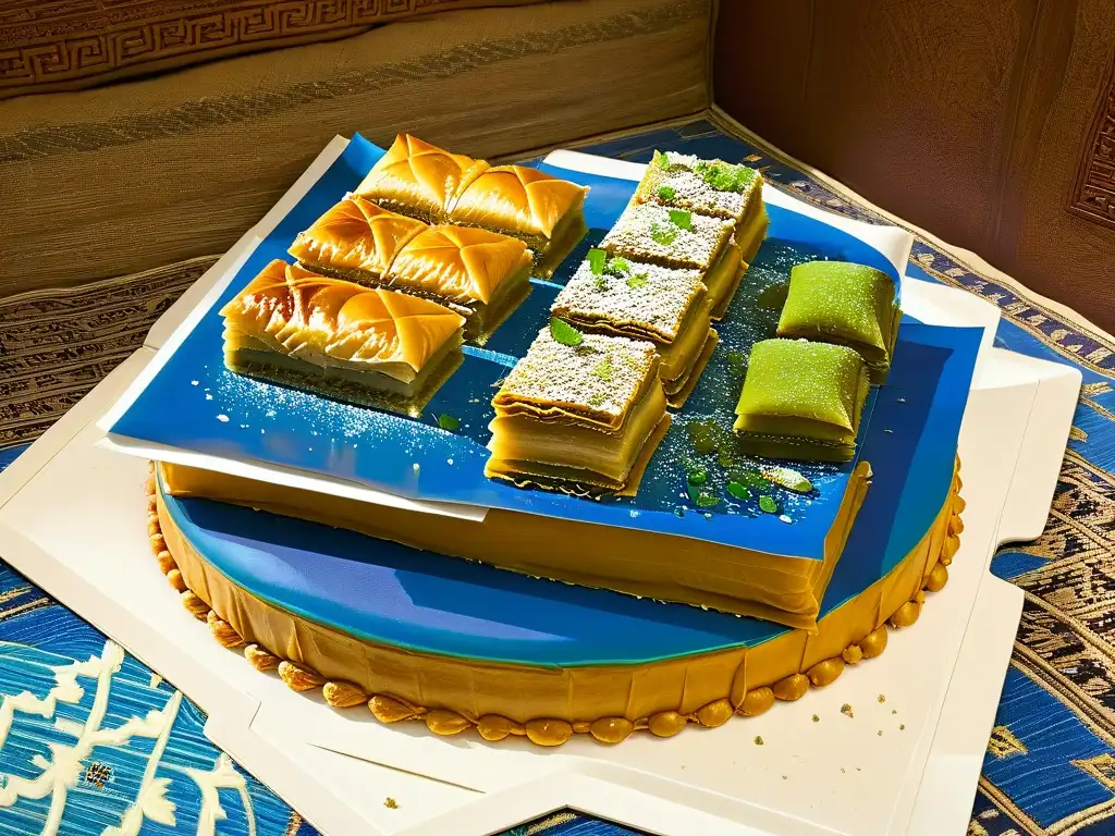 Delicada repostería turca: baklava de pistacho sobre azulejos otomanos en tonos azules, verdes y turquesas, fusionando sabores y culturas