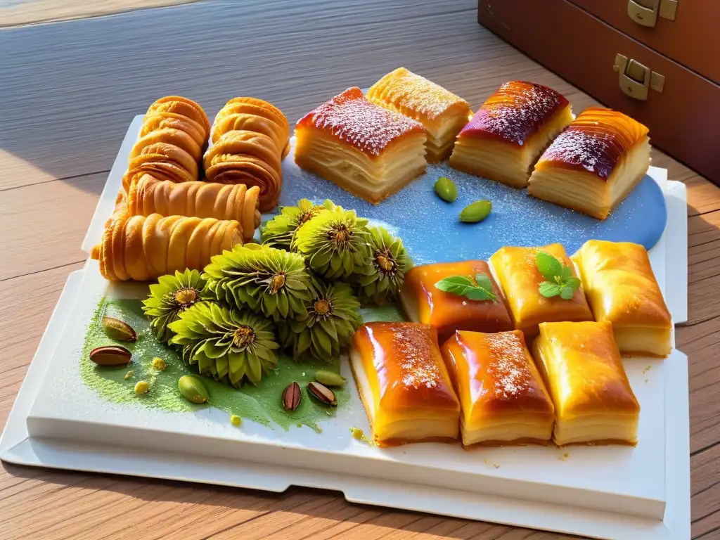 Delicada repostería turca de Estambul: baklavas, kadayif y tulumba sobre azulejos vibrantes