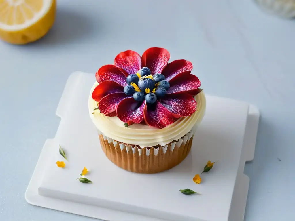 Delicada repostería vegana con ingredientes éticos, impacto en animales, decorada con flores comestibles vibrantes en encimera de mármol moderna