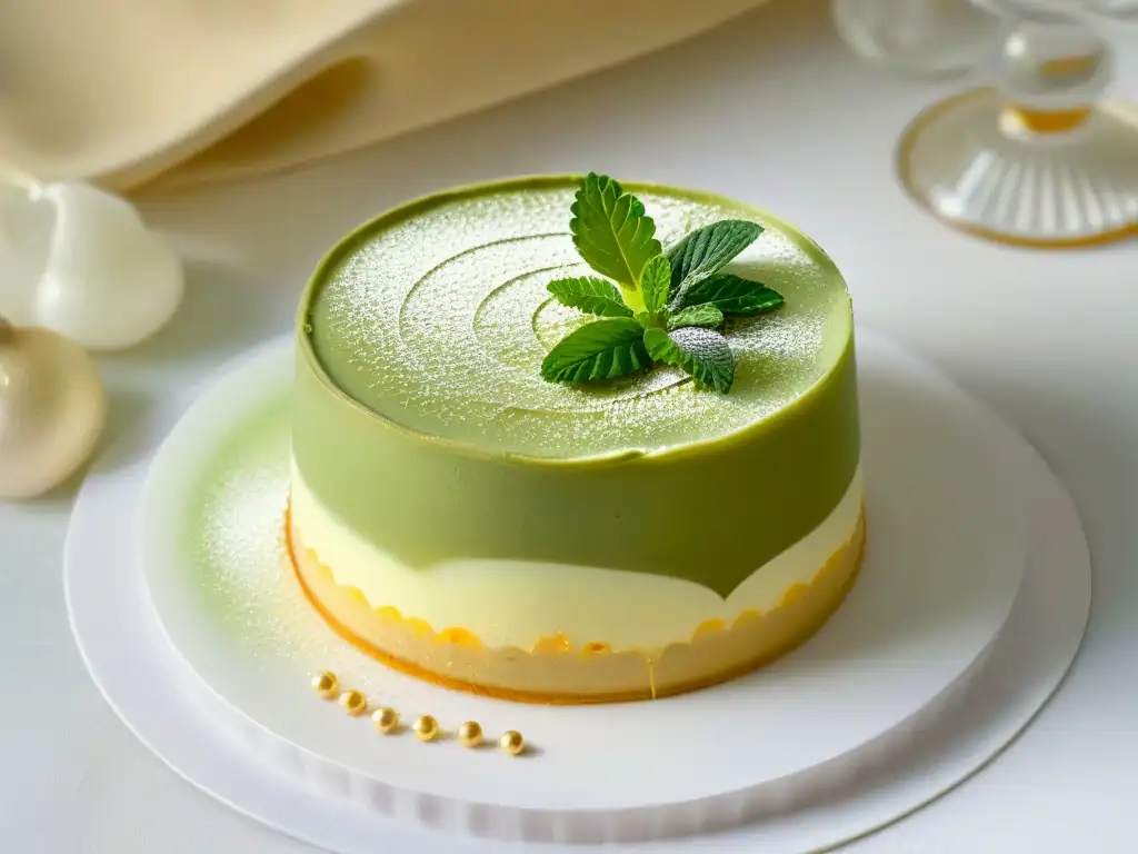 Delicada repostería de fusión para principiantes: mousse de té verde matcha y flan en copa transparente con hojas de oro comestibles