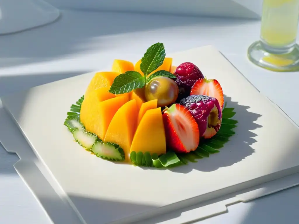 Delicada rodaja de borojó en plato blanco con hojas verdes, resaltando su frescura y textura