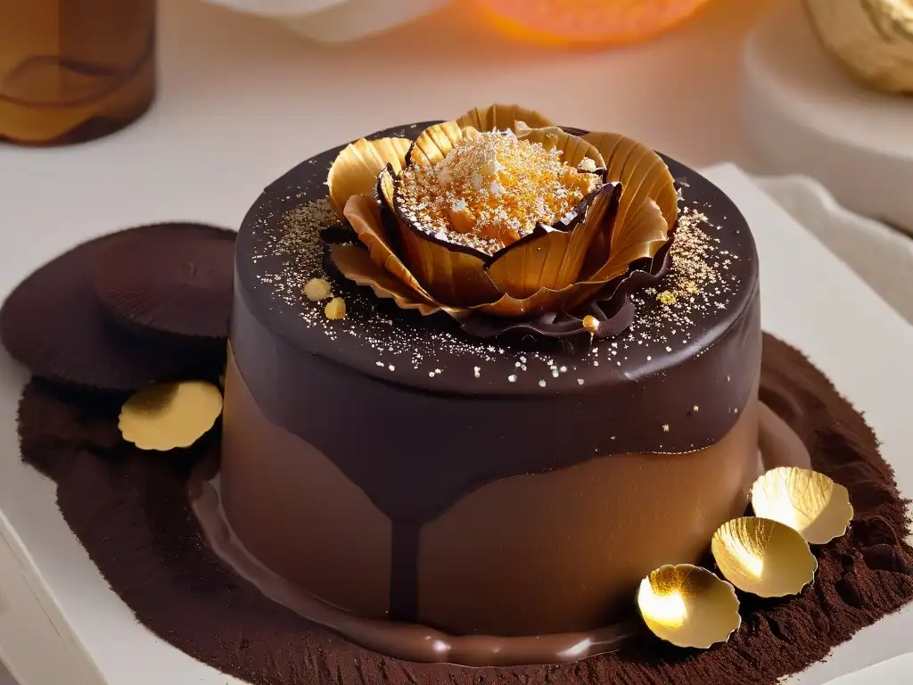 Una delicada sales exóticas en repostería: cristal de sal rosa del Himalaya sobre ganache de chocolate, decorado con hojuelas de oro comestible