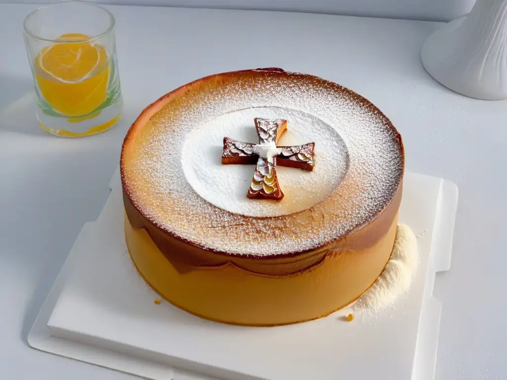 Delicada Tarta de Santiago con la icónica cruz de San Santiago, almendras tostadas y polvo de azúcar