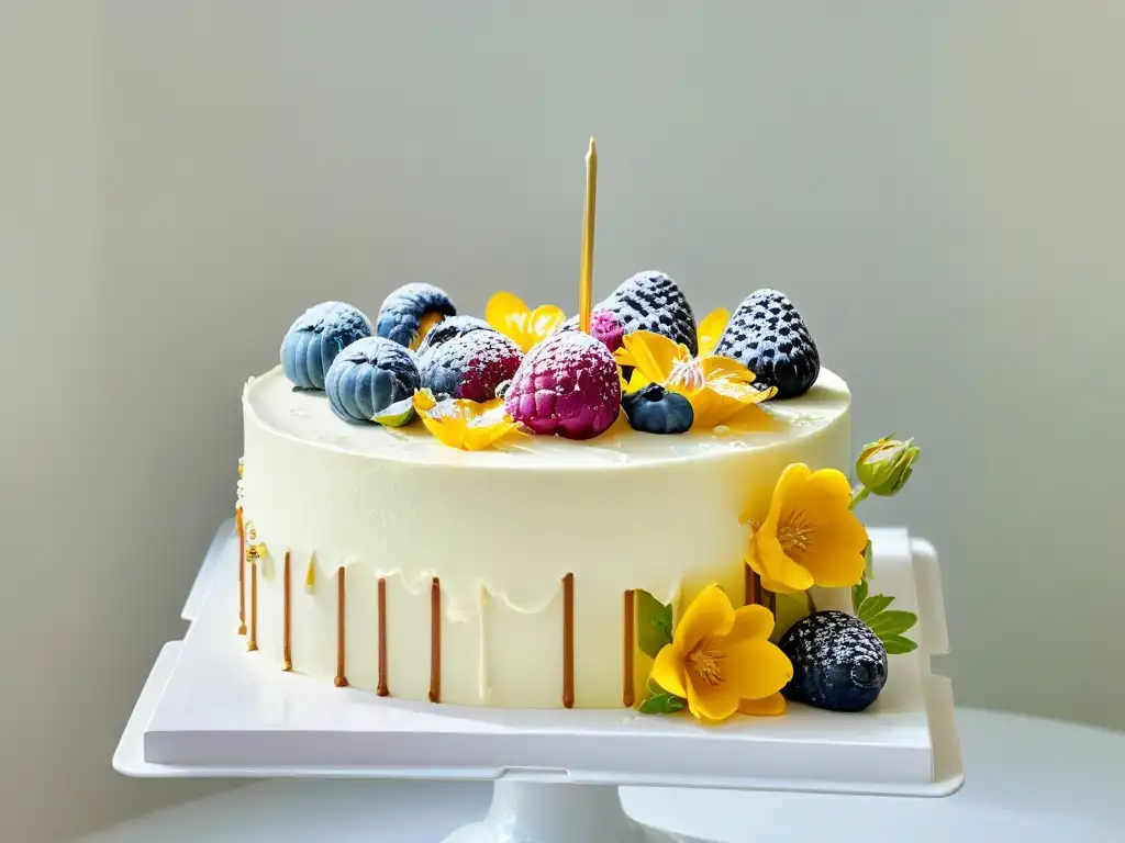 Delicada tarta de cumpleaños sin gluten con bayas frescas y flores comestibles