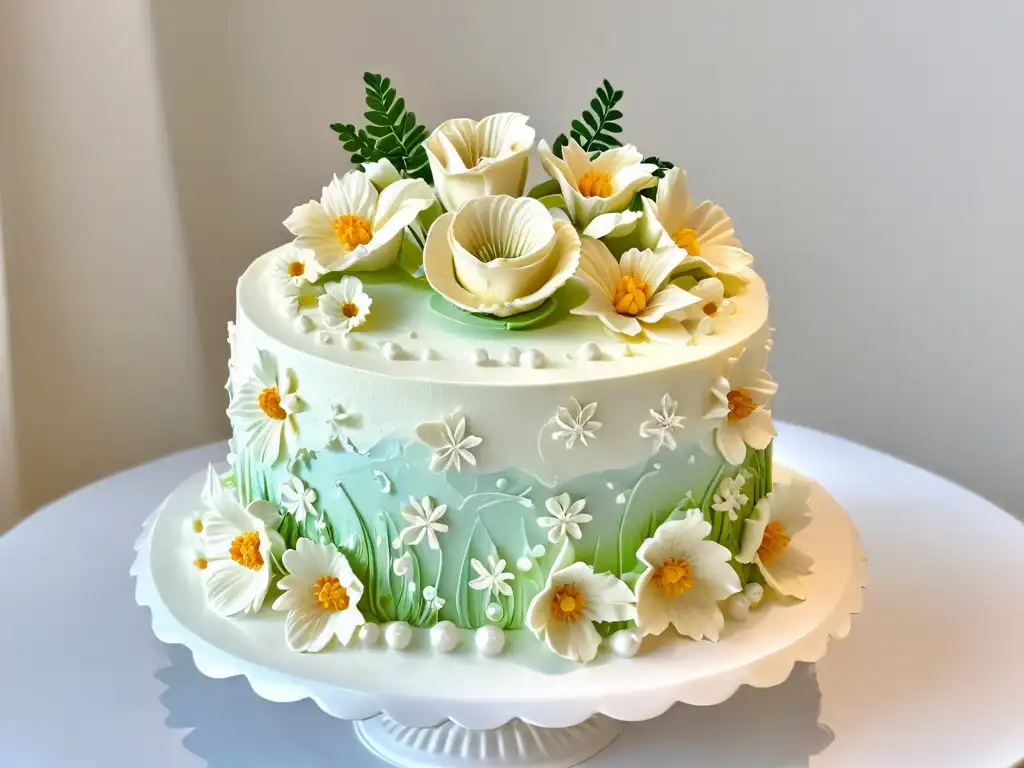 Delicada tarta decorada con flores de azúcar y detalles elaborados en un concurso de repostería comunitaria paso a paso