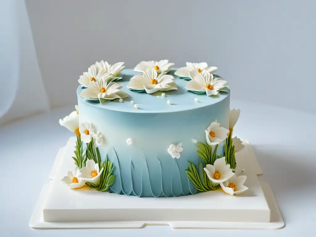 Delicada tarta decorada con flores de fondant y perlas comestibles en un elegante mostrador de mármol