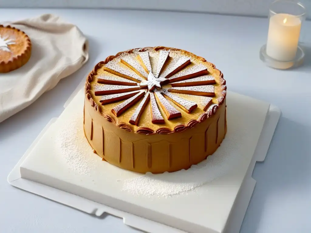 Delicada Tarta de Santiago dorada con diseño de cruz, almendras y azúcar glaseada