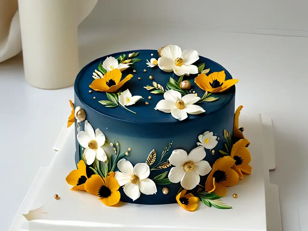 Exquisita tarta de fondant con flores pintadas a mano Delicada tarta de fondant decorada con flores pintadas a mano y detalles en hoja de oro, resaltando técnicas de pintura comestible avanzadas