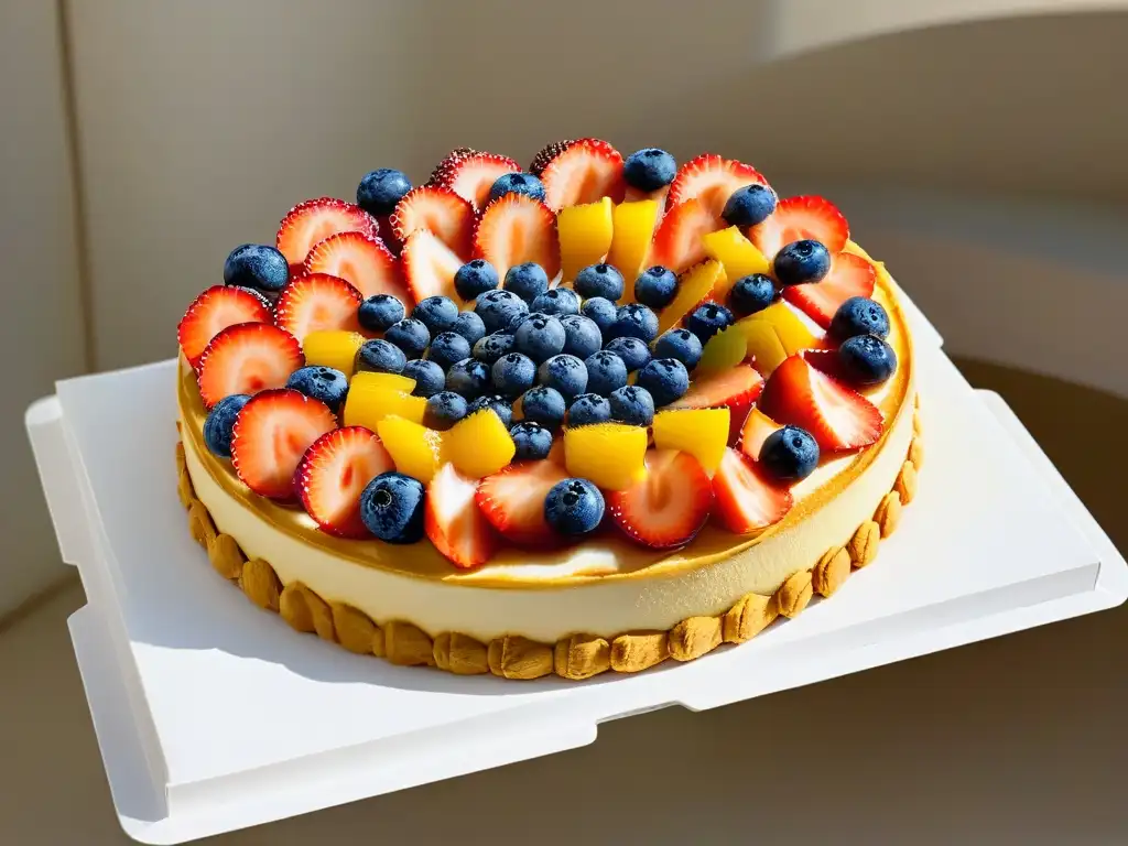 Deliciosa tarta de frutas: detalle ultradetallado Delicada tarta de frutas con armonía, sabor y estética, destacando capas vibrantes de frutas sobre una base dorada y escamosa