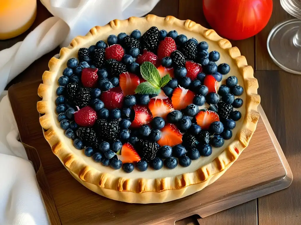 Delicada tarta de Acción de Gracias decorada con arte de rejilla y bayas frescas, en mesa rústica con luz natural