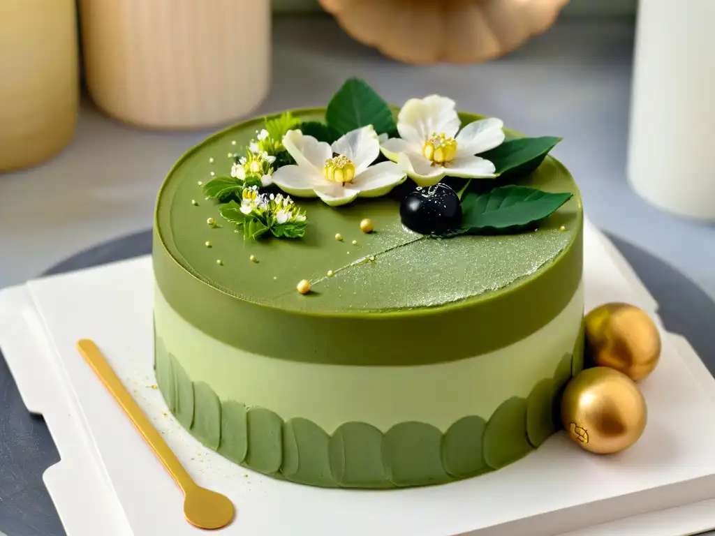 Delicada tarta ópera de té matcha con lujo global en pastelería, decorada con oro comestible y flor de cerezo en plato negro