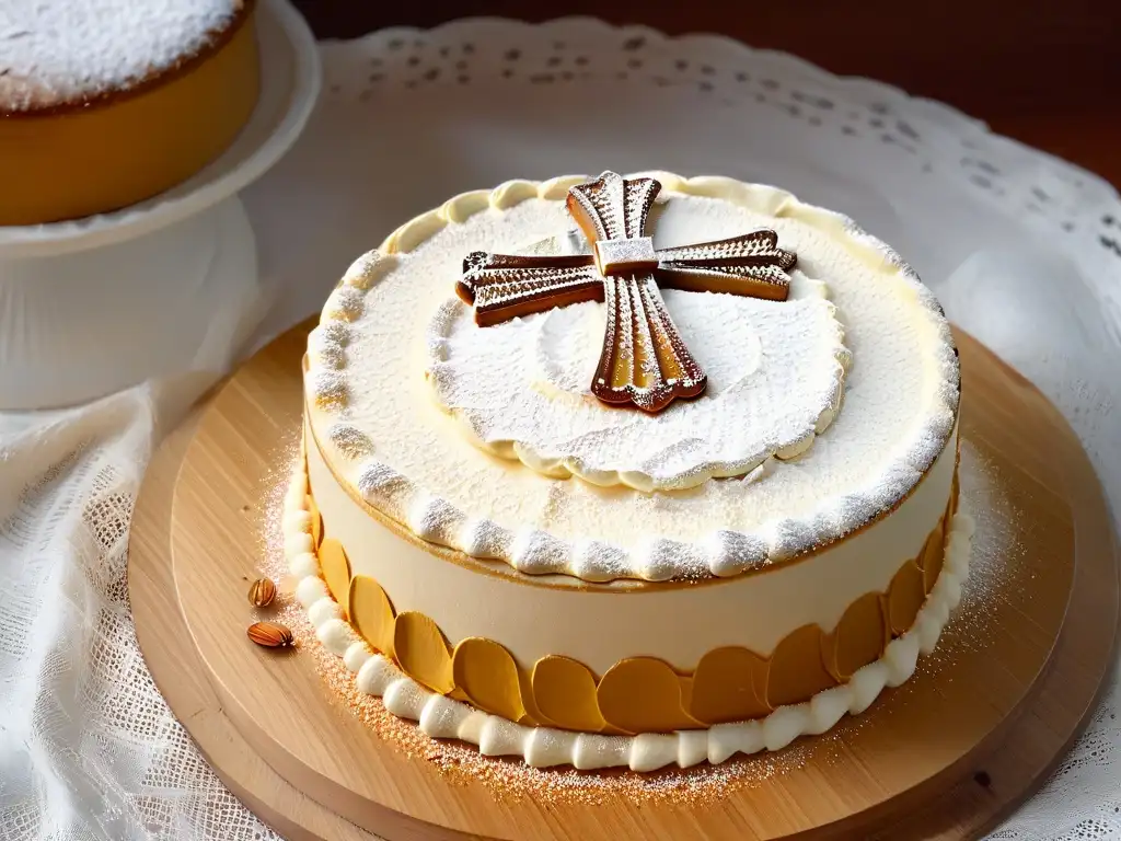 Delicada Tarta de Santiago en mesa rústica, mostrando el dorado almendra y cruz de Santiago en azúcar
