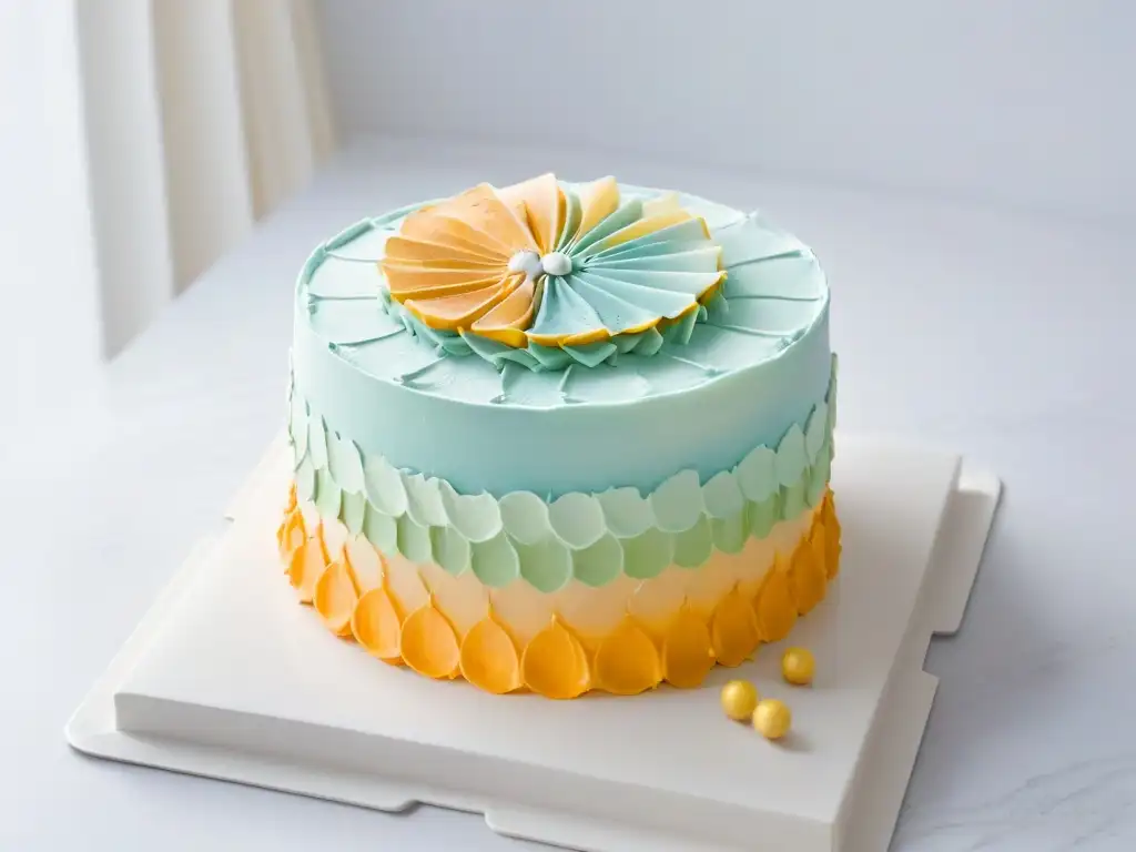 Delicada tarta minimalista con diseños geométricos en tonos pastel