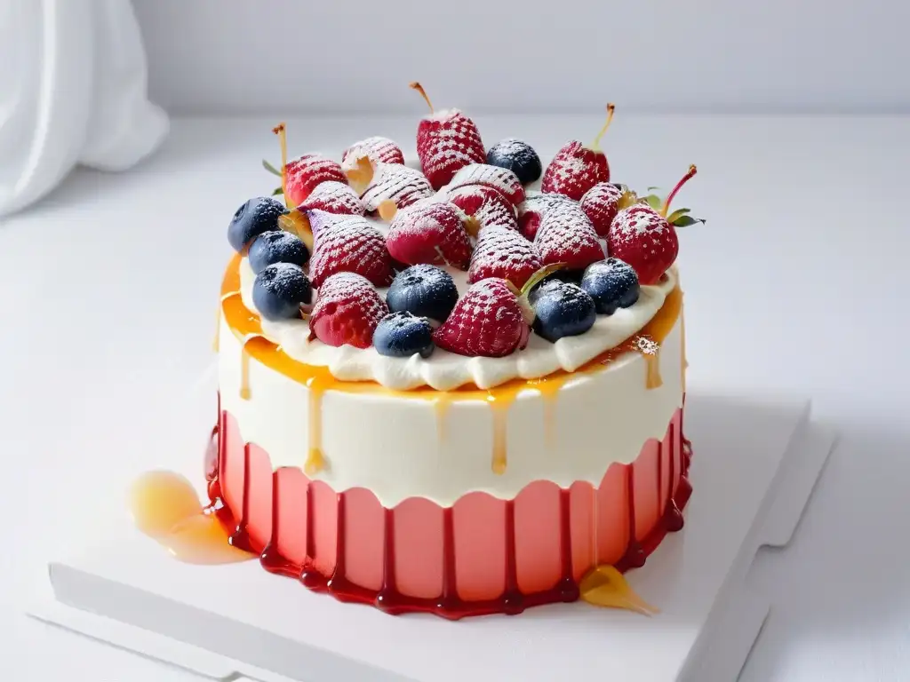 Delicada tarta minimalista con frutos rojos y miel, sobre fondo blanco