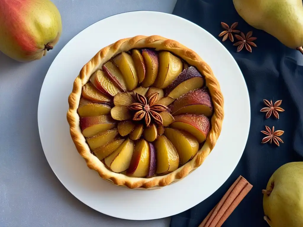 Delicada tarta de pera con especias recién horneada, con corteza dorada y peras en un diseño hermoso, espolvoreada con canela y clavo