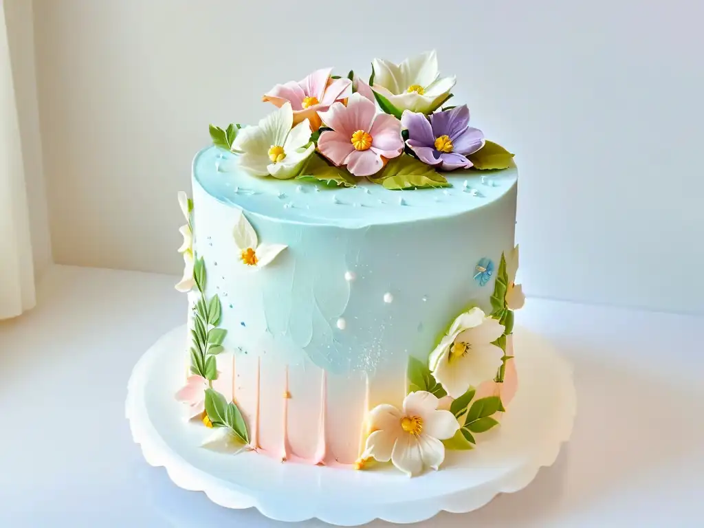 Delicada tarta de tres pisos con decoración floral en tonos pastel