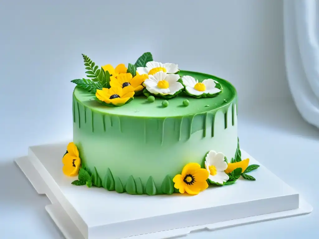 Delicada tarta vegana decorada con flores, muestra la creatividad en productos repostería éticamente responsables