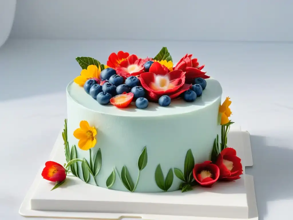 Delicada tarta vegana decorada con flores naturales en mármol blanco