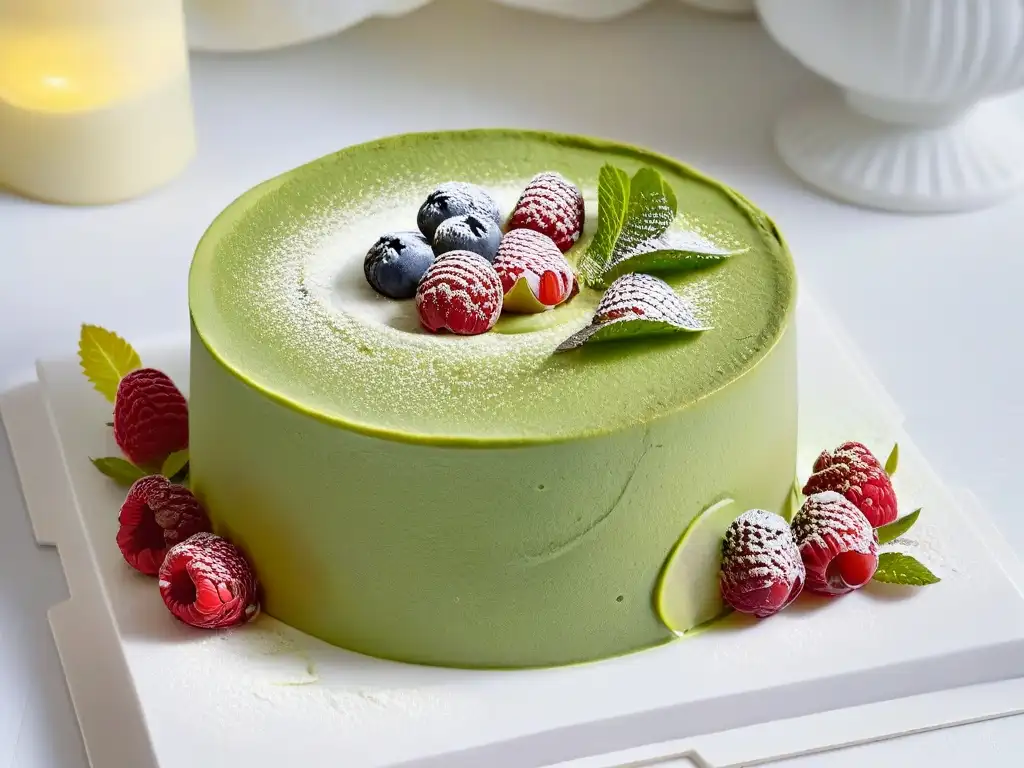 Delicada tarta vegana de matcha con frambuesas y flores comestibles en mármol blanco