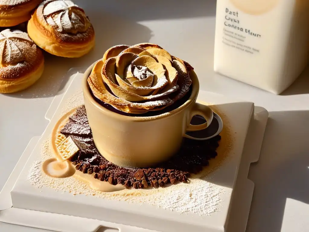 Delicada taza de espresso con arte de flores, croissant recién horneado