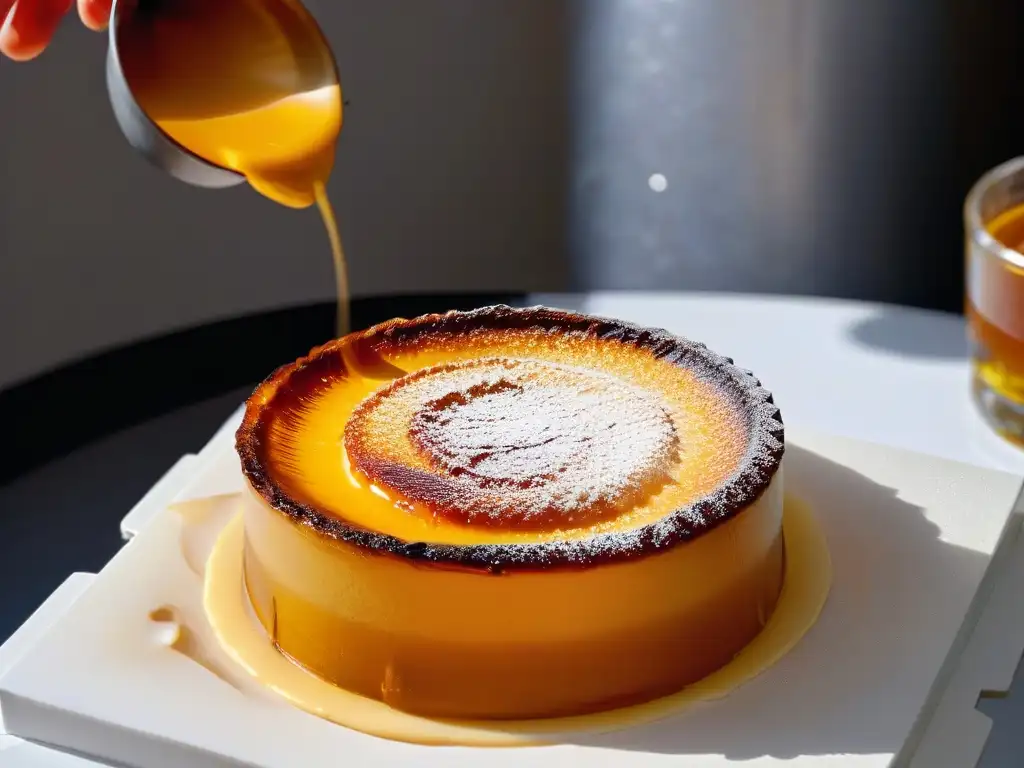 Delicada técnica de repostería: crème brûlée dorado siendo caramelizado con soplete, para principiantes