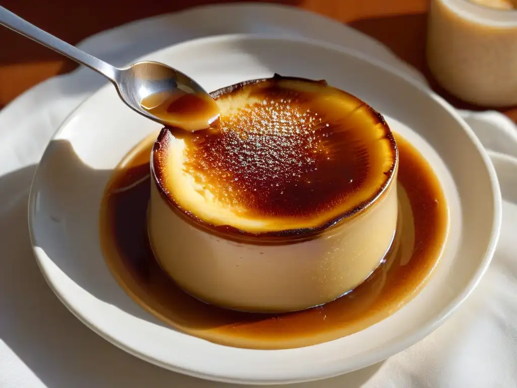 Delicada textura de crème brûlée con azúcar caramelizada y brillo sutil