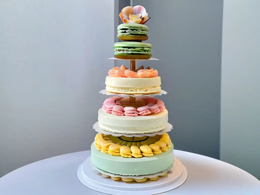 Delicada torre de macarons, colores pastel y detalles exquisitos