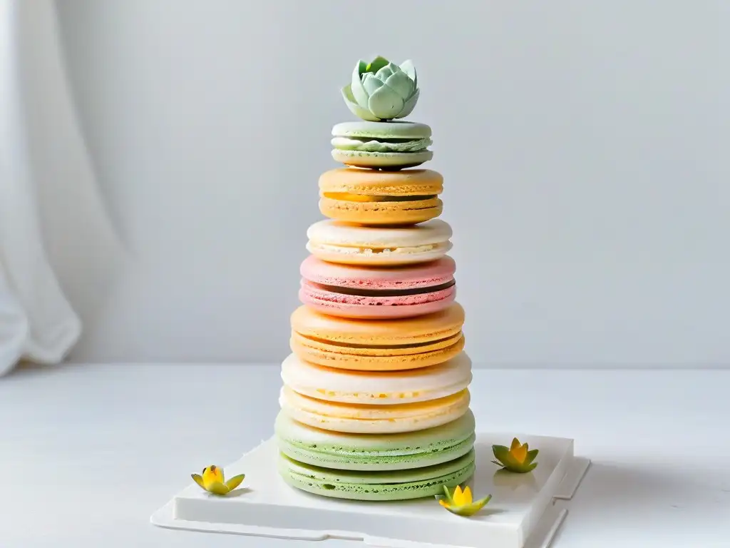 Delicada torre de macarons pastel inspirados en arte impresionista