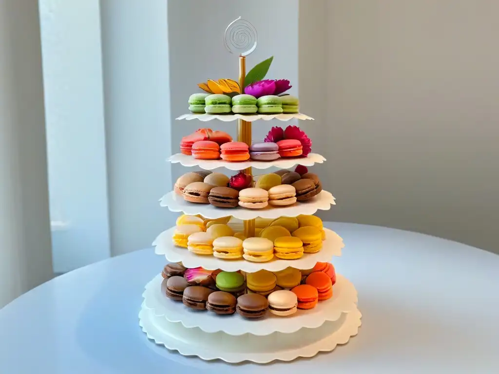 Delicada torre de macarons con variedad de colores y sabores, una obra de arte visual que destaca técnicas de repostería tradicional y moderna