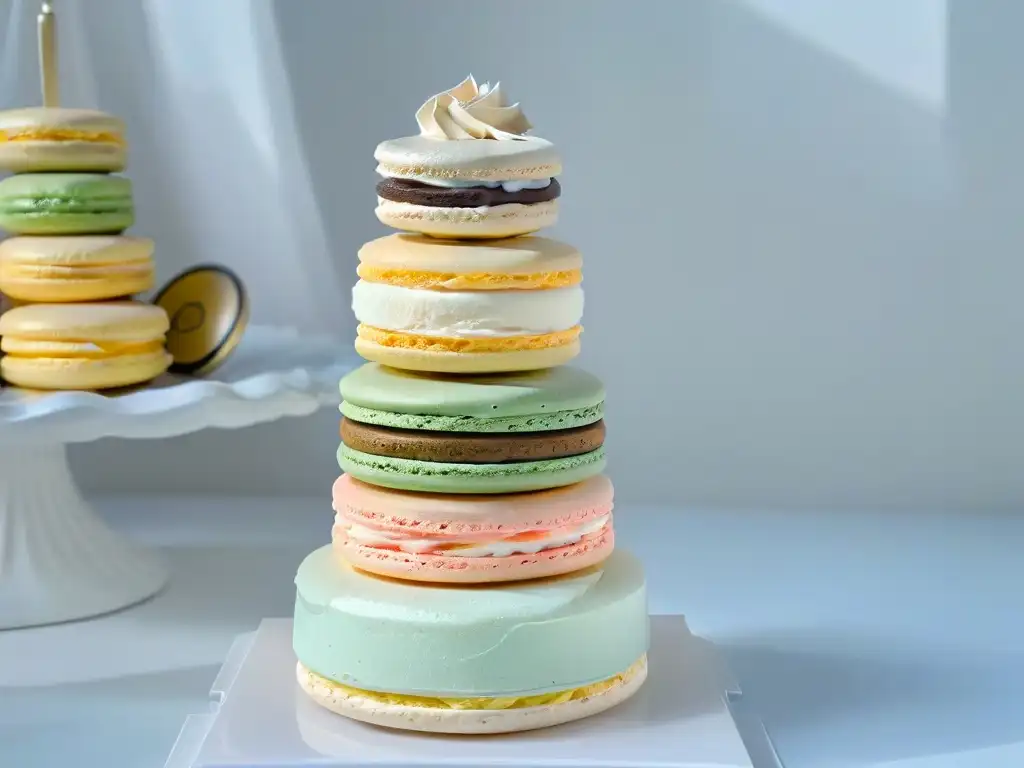 Delicada torre de macarons veganos en tonos pastel, con texturas exquisitas bajo una luz suave