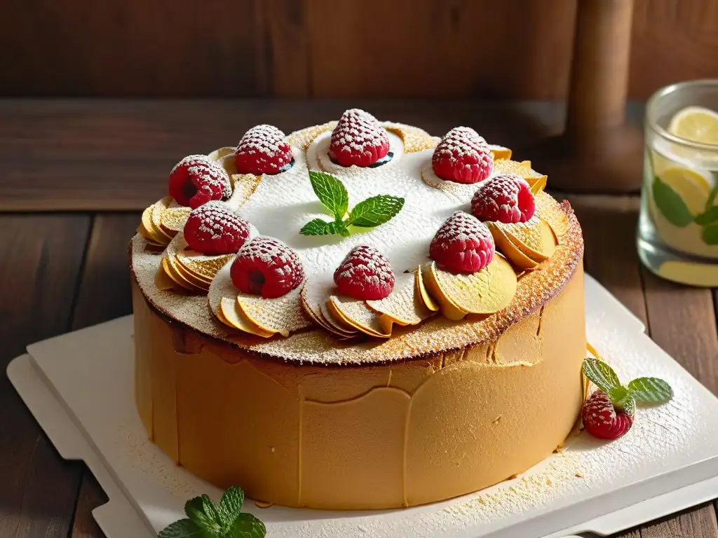 Delicada torta de harina de almendra sin gluten, decorada con frambuesas frescas y hojas de menta, sobre una mesa de madera rústica