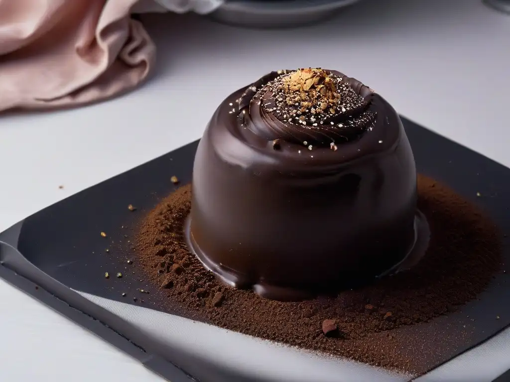 Delicada trufa de chocolate con acabado profesional en plato negro mate