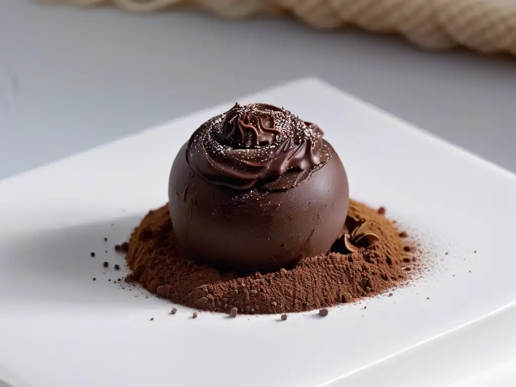 Exquisita trufa de chocolate belga envuelta en cacao Delicada trufa de chocolate belga siendo espolvoreada con cacao, creando una imagen elegante y tentadora