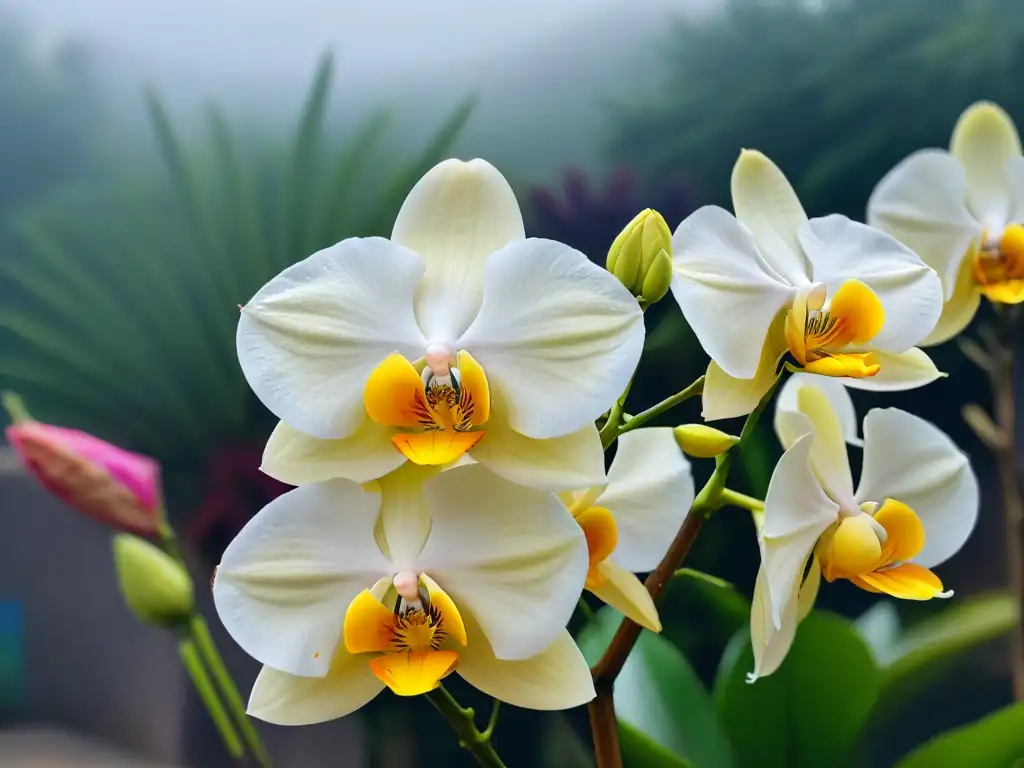 Delicada orquídea de vainilla en flor, exudando elegancia en un jardín vibrante