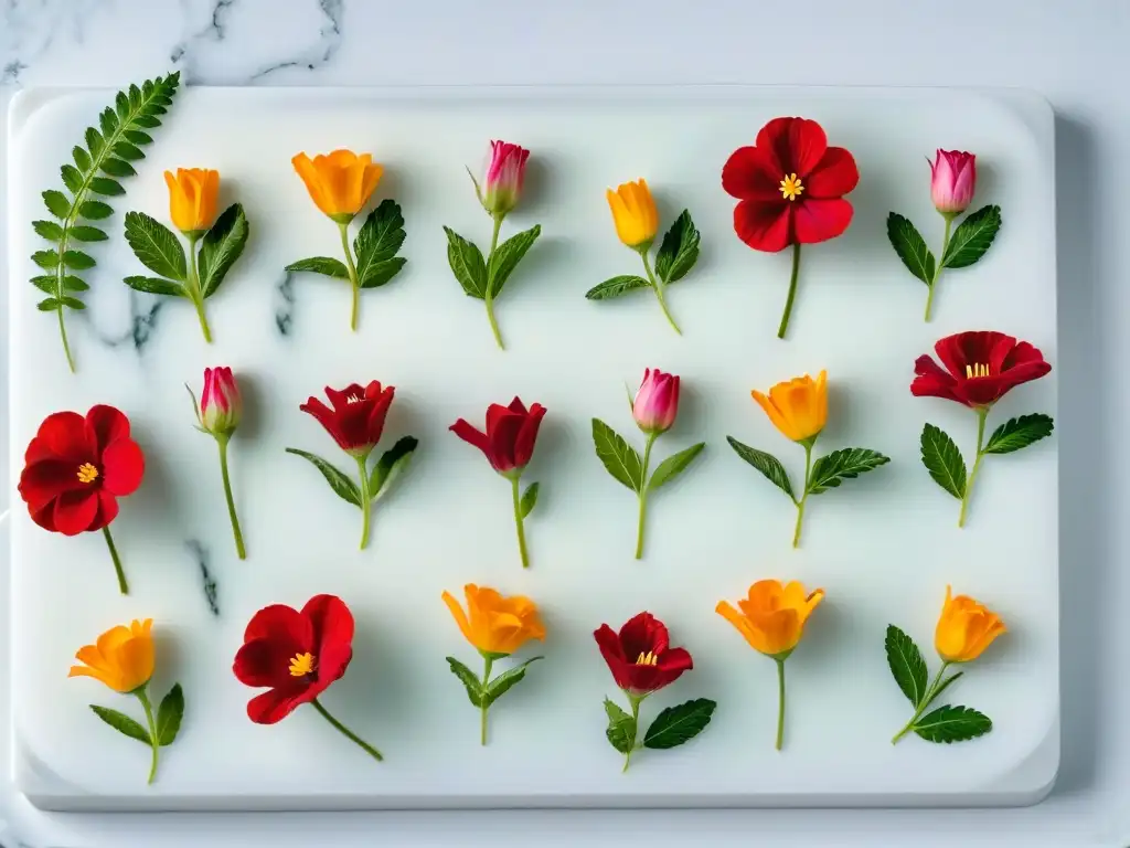 Delicada variedad de colores comestibles para repostería en flores y hierbas sobre mármol blanco