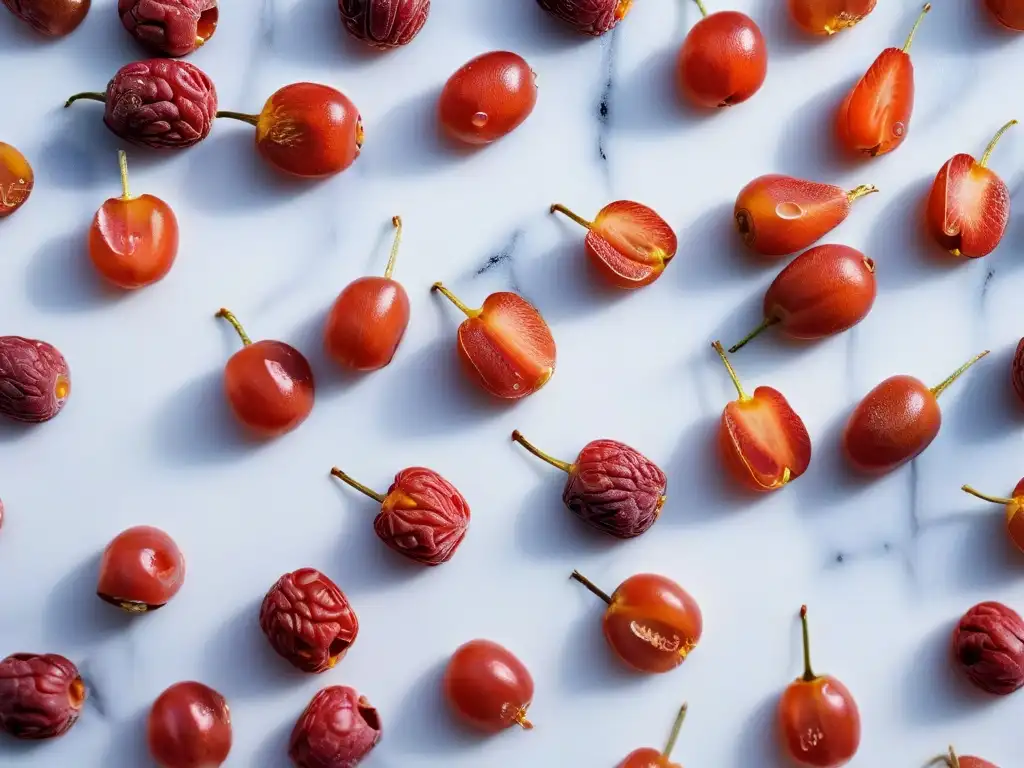 Delicadas bayas de goji rojas en mármol blanco, resaltando su textura y color