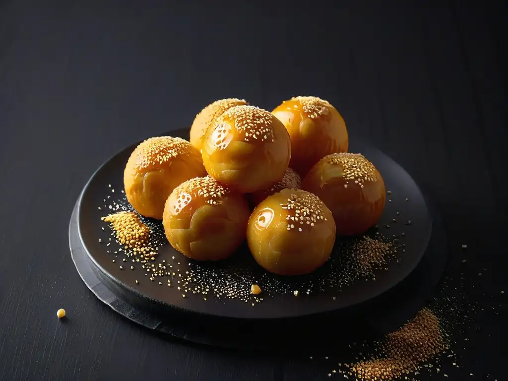 Delicadas bolitas doradas de Luqaimat recién fritas con miel y semillas de sésamo, en un elegante fondo negro