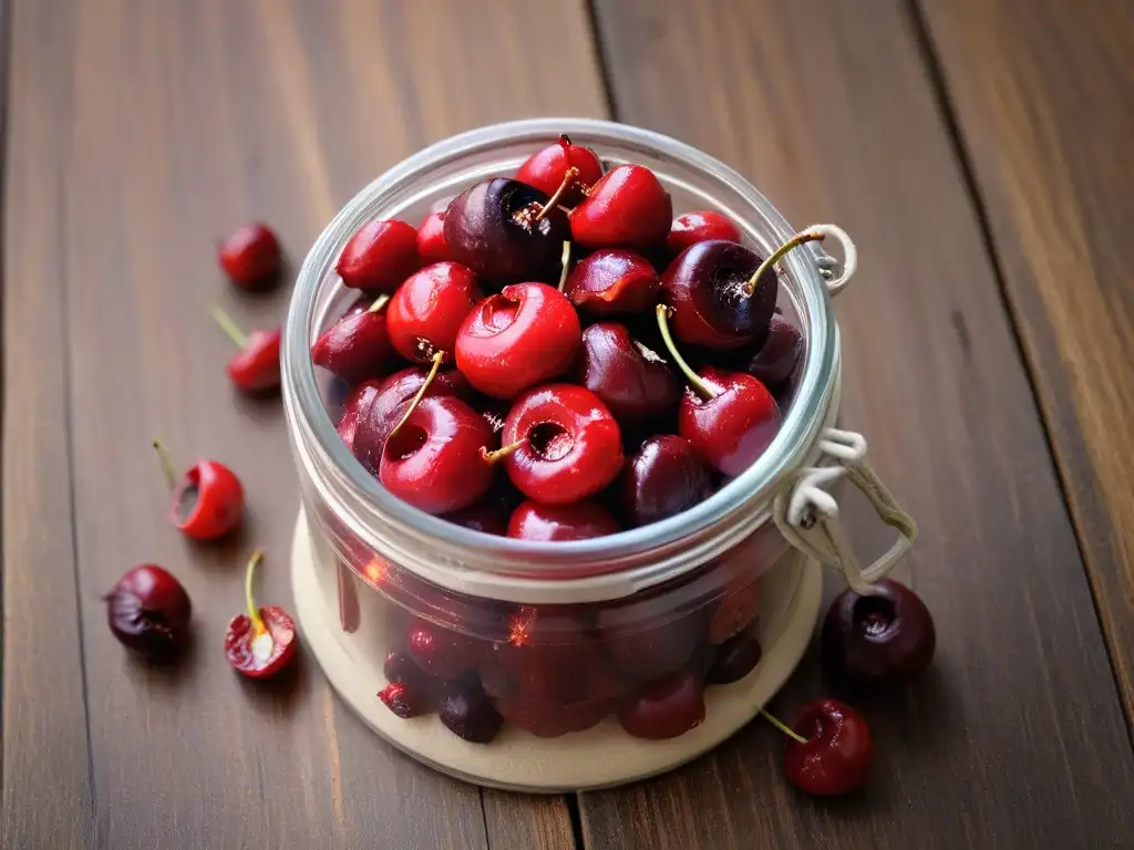 Deliciosas cerezas rojas en frasco de vidrio Delicadas cerezas deshidratadas en frasco de cristal sobre mesa rústica