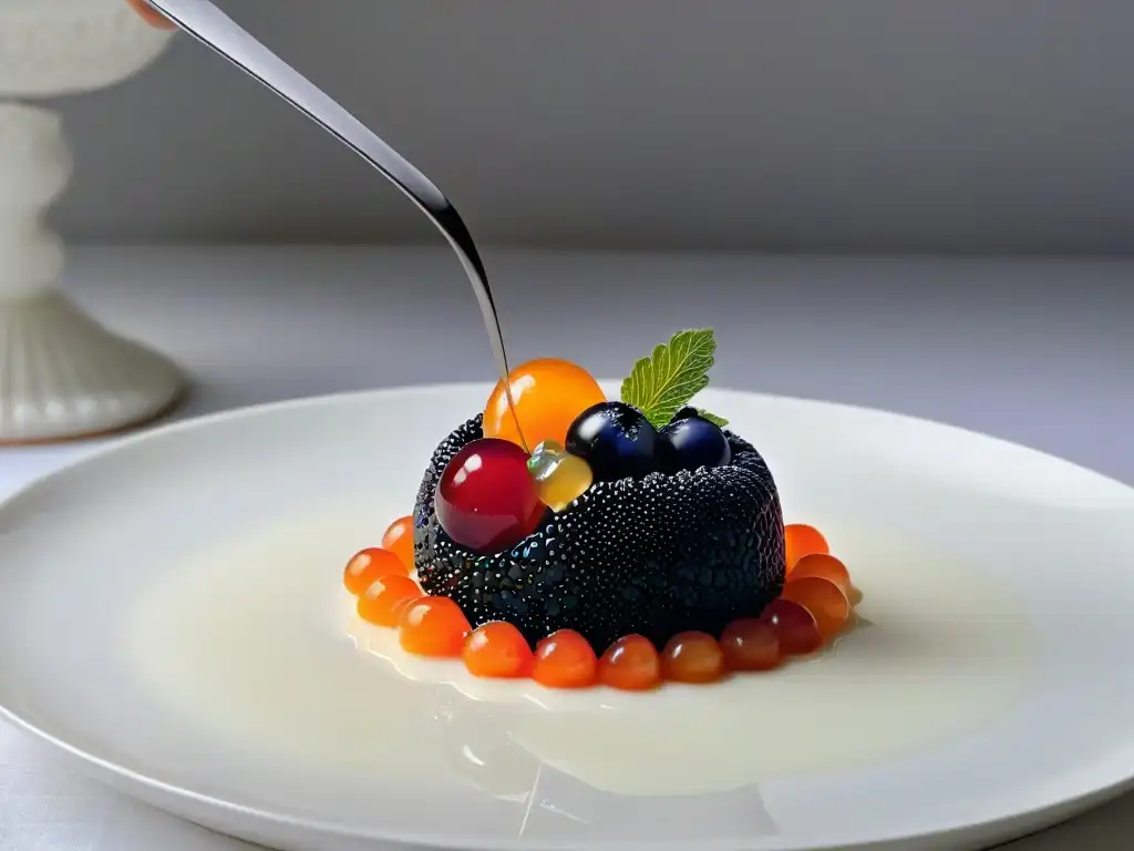 Delicadas esferas de caviar de frutas en cuchara de porcelana blanca, para postres gourmet con caviar de frutas