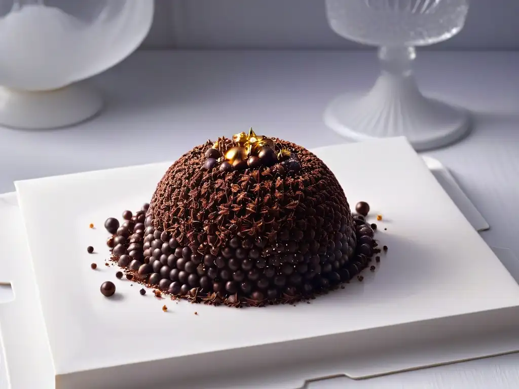 Delicadas esferas de chocolate brillante como caviar, en un elegante plato blanco
