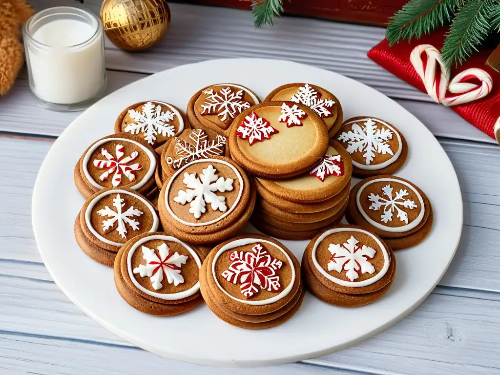 Delicadas galletas de jengibre navideñas decoradas con diseños festivos, listas para disfrutar en una mesa rústica de madera