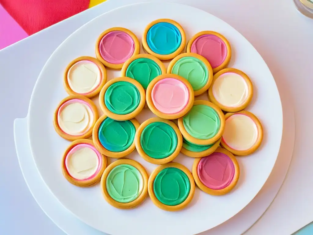 Delicadas galletas decoradas con formas y colores vibrantes en un plato blanco moderno