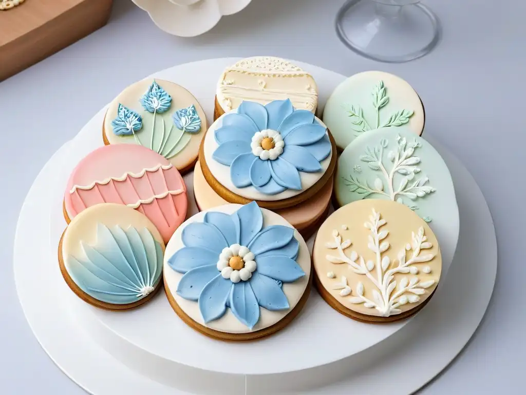 Delicadas galletas decoradas con técnicas avanzadas de royal icing en tonos pasteles, exhibiendo arte y precisión