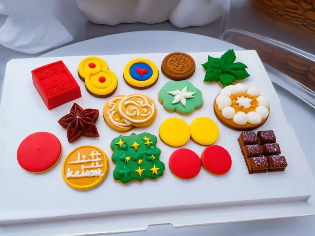 Delicadas galletas festivales del mundo en plato moderno, representando sabores y diseños culturales en alta resolución