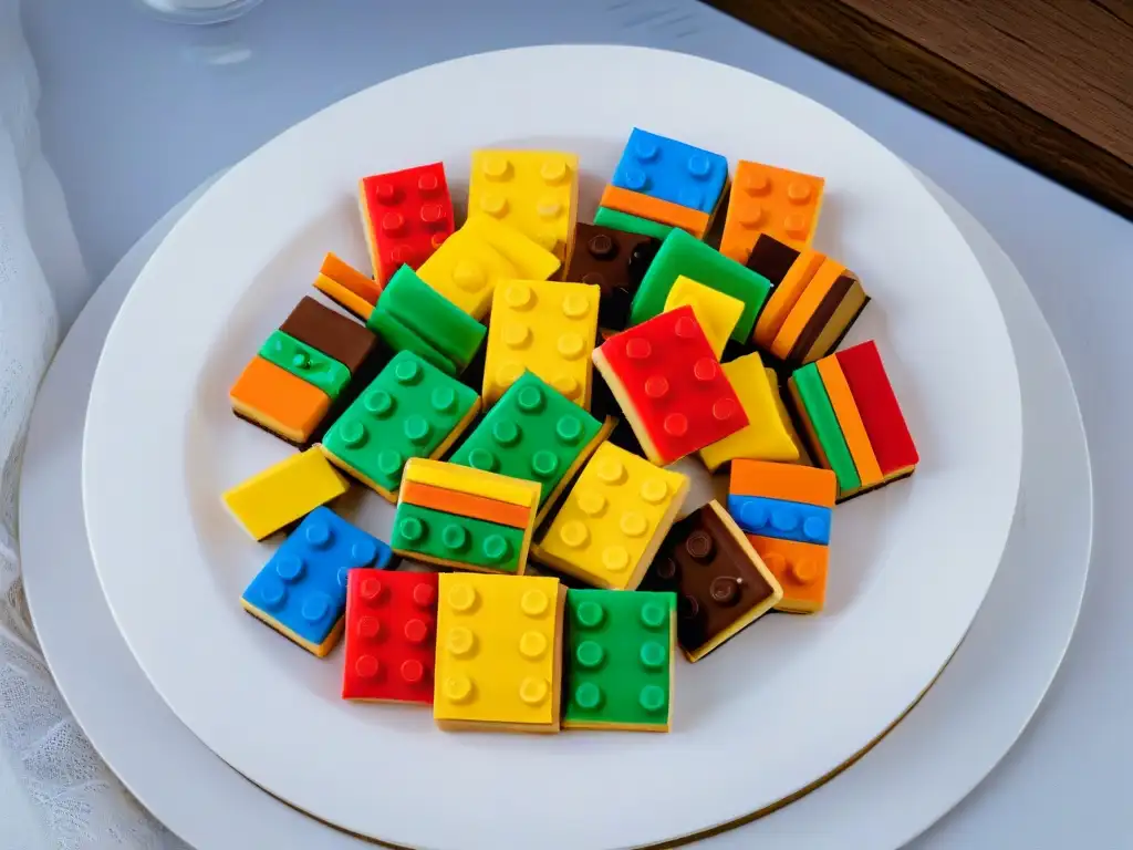 Delicadas galletas de Lego divertidas en plato blanco moderno, detalle y color vibrante